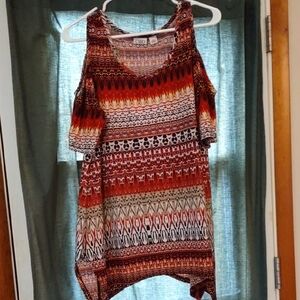 Cato Multicolor Geometric Cold Shoulder Top